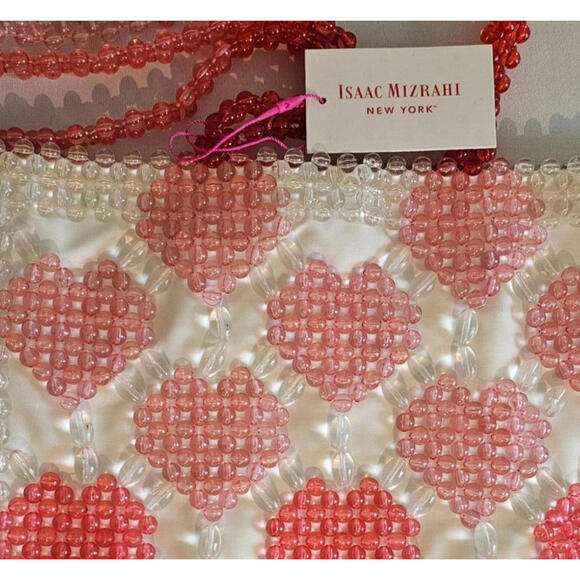 NEW ISAAC MIZRAHI PINK RED HEART GLASS BEAD TOTE PURSE GIRLY COQUETTE PREPPY BAG - Picture 2 of 5